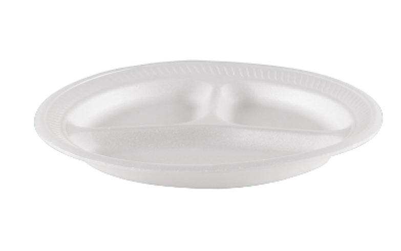 Reyma 9" 3-Compartments White Foam Plate - 500/Case (25 Pack/20 Pc)