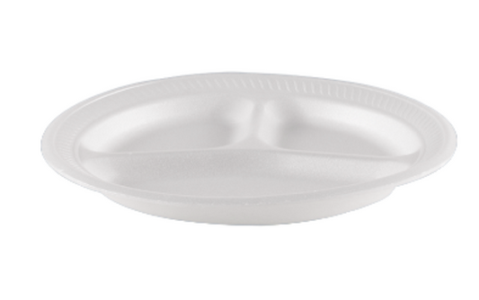 Reyma 9" 3-Compartments White Foam Plate - 500/Case (25 Pack/20 Pc)